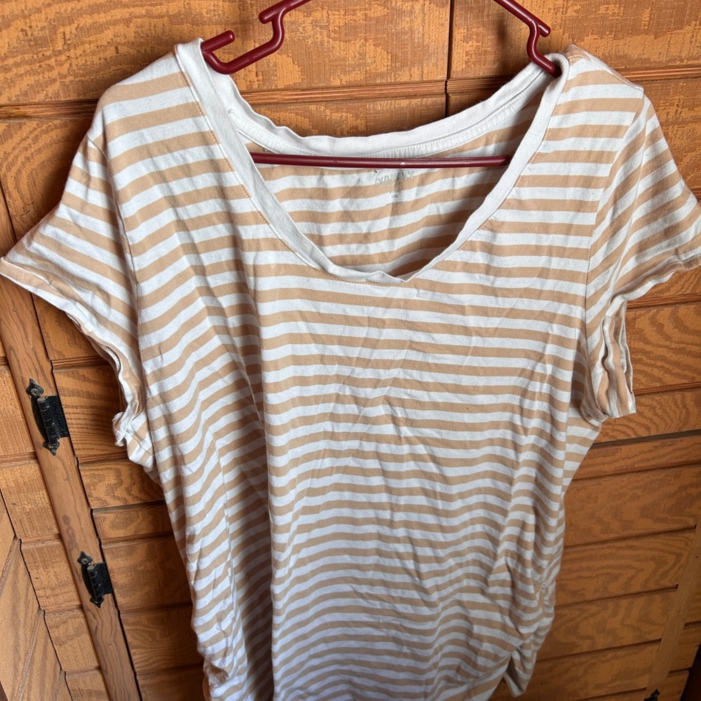 Old Navy Tan and White Striped Short Sleeve Maternity Tee